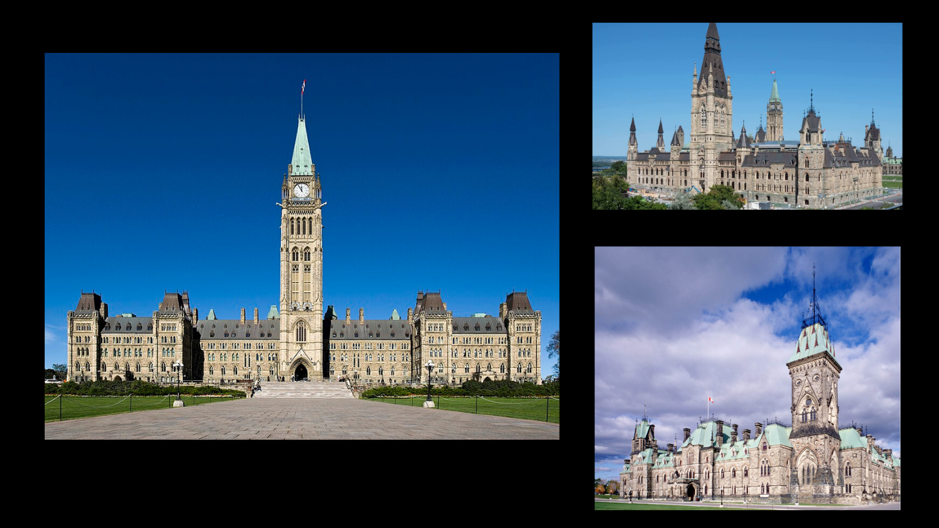 Present-day and historic views of the Parliament Buildings and Peace Tower.