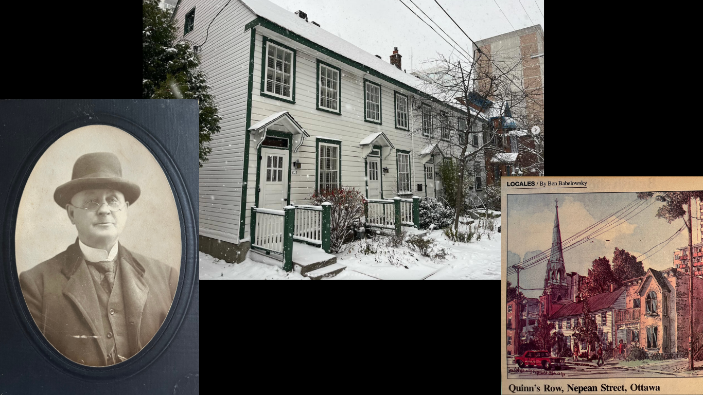 Quinn’s Row on Nepean Street, with a portrait of Patrick Quinn and a historic streetscape illustration.