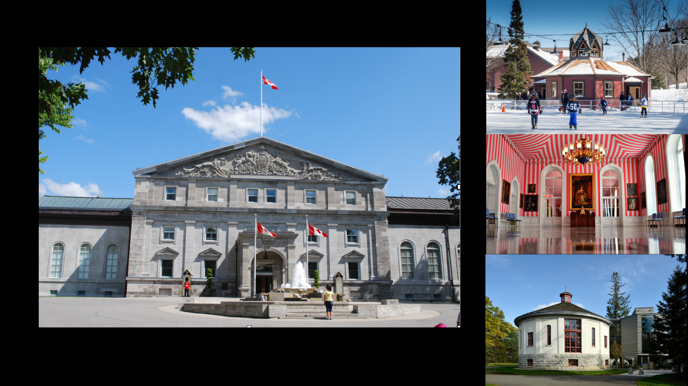 Rideau Hall’s main façade, skating rink, Tent Room and a historic outbuilding.