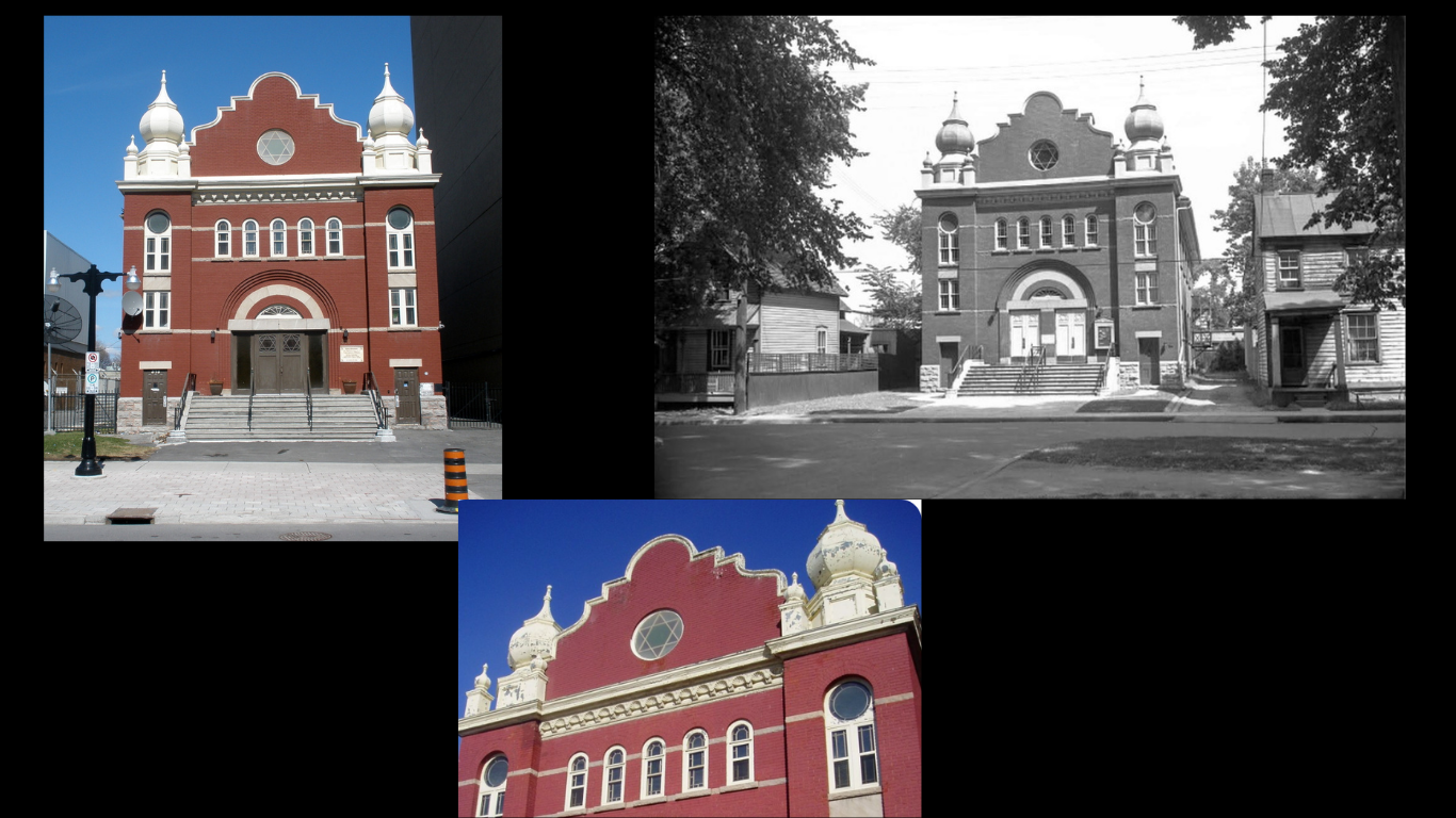 L’ancienne synagogue Adath Jeshurun au 375, avenue King Edward, en photographies contemporaines et historique, avec un détail de ses dômes jumeaux et de la fenêtre à l’étoile de David.