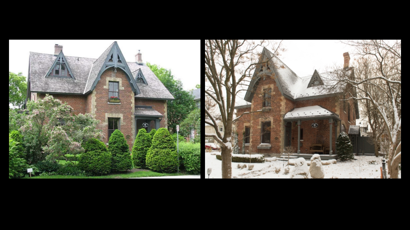 La maison Fréchette au 87, rue MacKay à New Edinburgh, en été et en hiver, avec ses pignons à forte pente et ses détails de brique contrastante.