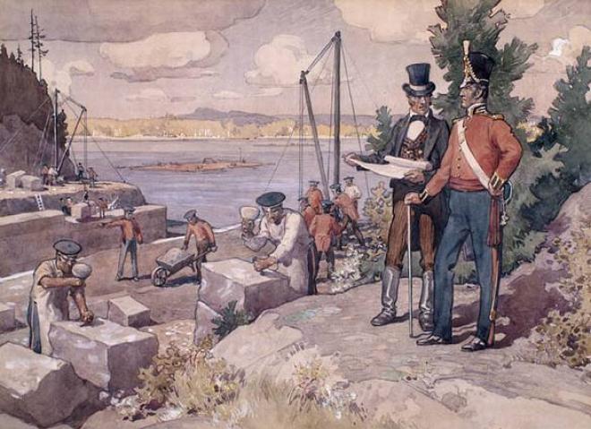 Painting by artist C.W. Jeffreys depicting Col John By on site during Canal construction.