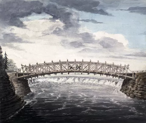 John Burrows watercolour of the wooden truss bridge across the Chaudière Falls, 1827.