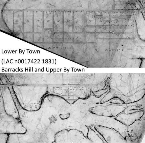 Two historic plans showing Lower By Town, Barracks Hill and Upper By Town.