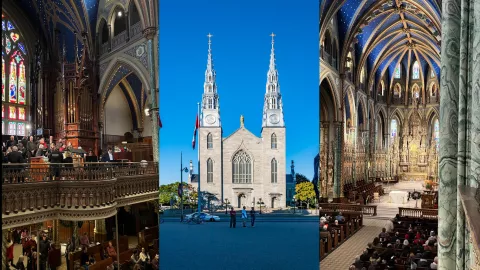 Notre Dame Cathedral Basilica in Ottawa, with views of its façade and ornate interior.