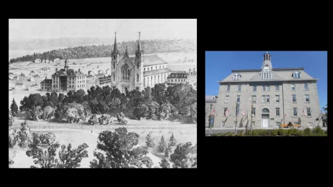 Historic and present-day views of the College of Bytown and Bishop’s Palace on Sussex Drive.