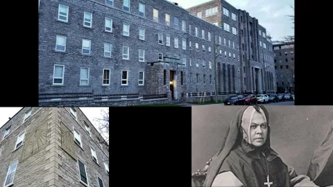 The Grey Nuns Mother House on Bruyère Street, with a portrait of Sister Élizabeth Bruyère.