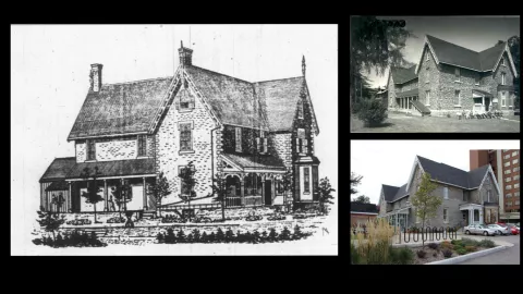 Historic and present-day views of Abbotsford House on Bank Street.