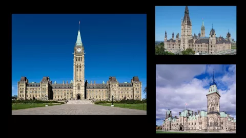 Present-day and historic views of the Parliament Buildings and Peace Tower.