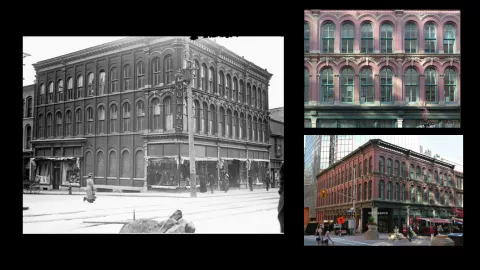 Historic and present-day views of the Poulin Building on Sparks Street.