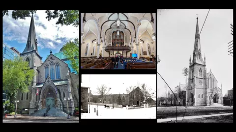 Historic and present-day exterior and interior views of St. Andrew’s Presbyterian Church.