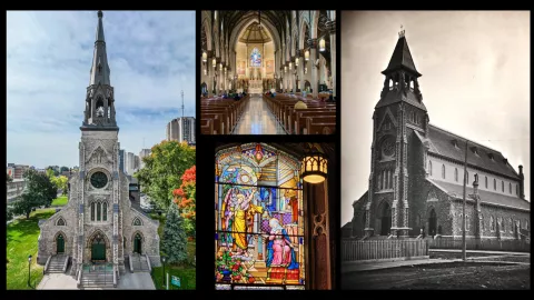 Historic and present-day exterior and interior views of Saint Patrick’s Basilica.