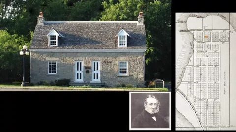 Fraser School House at 62-64 John Street in New Edinburgh, with a historic map and a portrait of Thomas McKay.